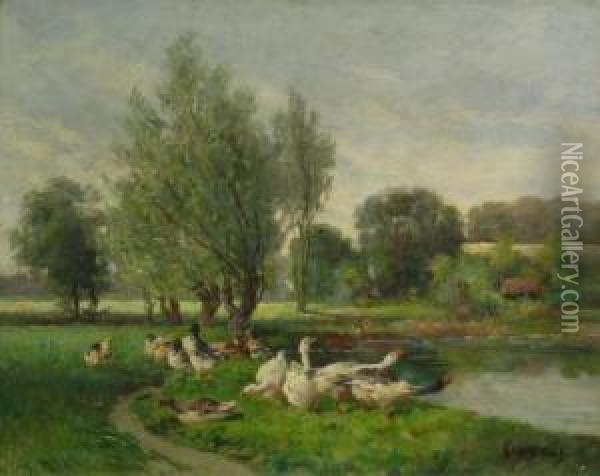 Geese On The Bank Of A Pond Oil Painting - Jacques Van Coppenolle