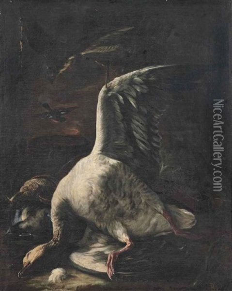 A Goose, Snipe And Duck With A Hawk, A Basket, And A Rifle On A Bank Oil Painting - Baldassare De Caro