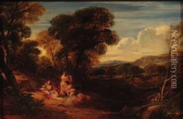 Group Of Classical Figures In An Extensive Upland Landscape Oil Painting - William Leighton Leitch