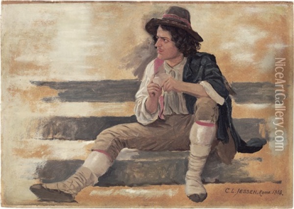 Italienischer Kartenspieler Auf Einer Treppe Sitzend Oil Painting - Carl Ludwig Jessen