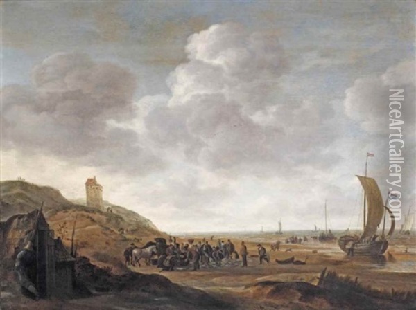 A View Of The Coast Near Egmond, With Fishing Boats Returning From The Catch And A Busy Fish Market At The Foot Of A Dune Oil Painting - Simon De Vlieger