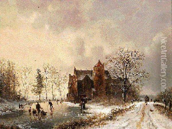 A Dutch Castle In A Winter Landscape Oil Painting - Barend Cornelis Koekkoek