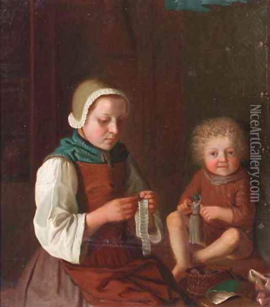 A woman sewing by a table, a child playing with a doll nearby Oil Painting - Pietro Antonio Rotari