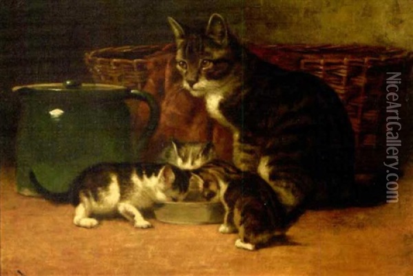 Mother Tabby Cat And Three Kittens At Their Dish Oil Painting - John Henry Dolph