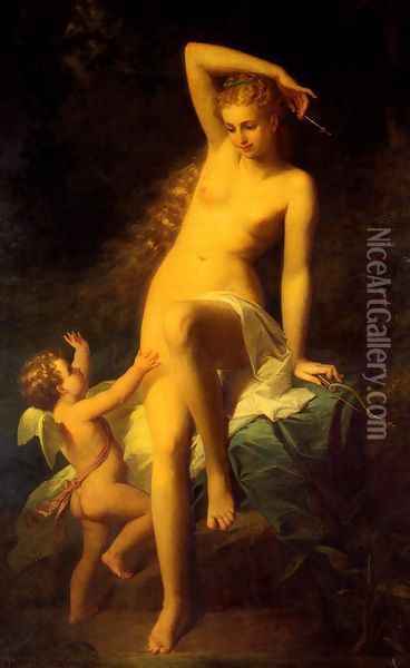 Nymphe Desarmant L'Amour (A Nymph Disarming Cupid) Oil Painting - Pierre Paul Emmenuel de Pommayrac