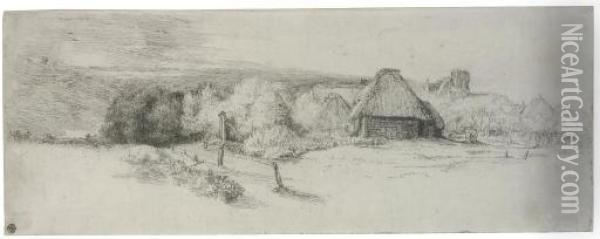 Landscape With Trees, Farm Buildings And A Tower (b., Holl. 223; H. 244) Oil Painting - Rembrandt Van Rijn