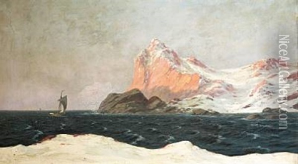 Landscape With Snow-covered Mountains And Ships On The Sea Oil Painting - Alfred Olsen