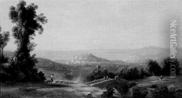 A Distant View Of Nice, With A Drover In The Foreground Oil Painting - Johann-Rudolph Buhlmann