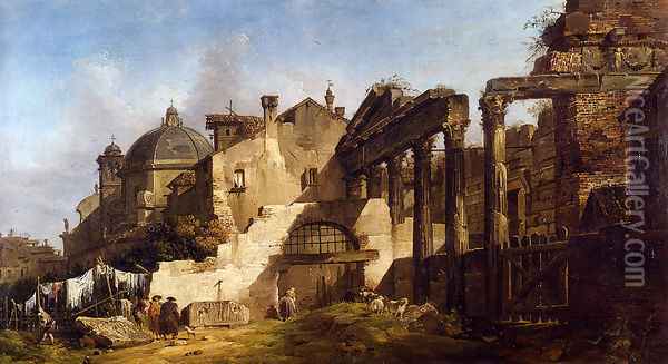 Washerwomen And Gentlemen Among Classical Ruins, A Church Beyond Oil Painting - Giovanni Migliara