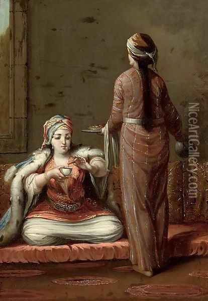 A Turkish lady seated on a cushion, being served by a maid servant Oil Painting - Jean Baptiste Vanmour