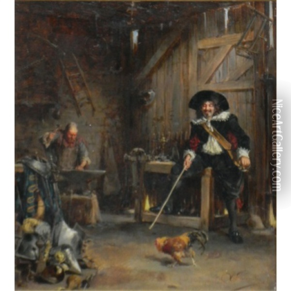 At The Forge Oil Painting - (Alfred Louis Vigny) Jacomin