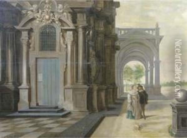 A Fantastical Palace With An Elegant Couple Walking In Front Of Aportico Oil Painting - Dirck Van Delen