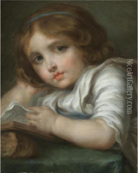 Portrait Of A Girl, Head And Shoulders, Reading A Book Oil Painting - Jean Baptiste Greuze
