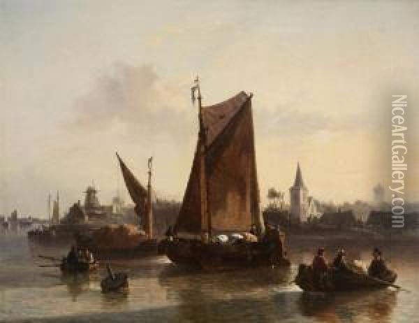 River View With Sloops Oil Painting - Hendrik Frans Schaefels
