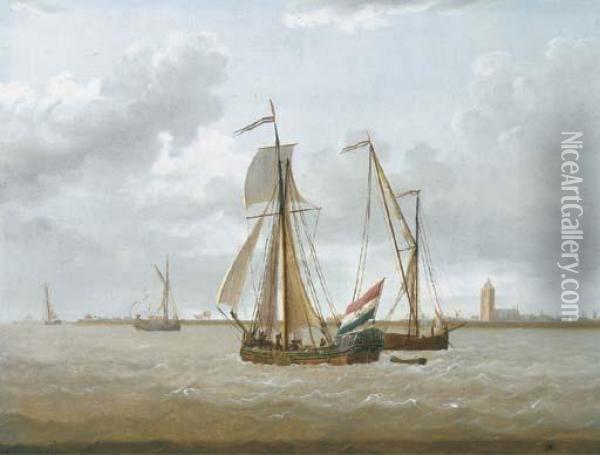 Shipping Off The Coast Of The Zuyder Zee, A States Yacht Raisingits Sails Oil Painting - David Kleyne