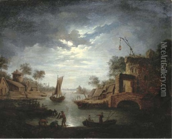 A Moonlit River Landscape With Fishermen By A Bridge Oil Painting - Aert van der Neer