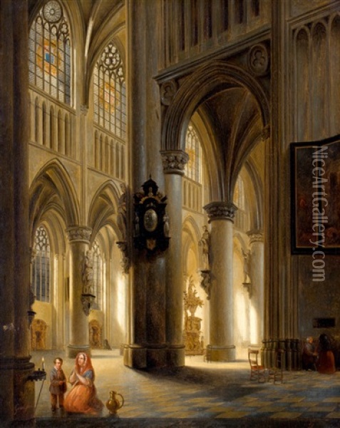 Figuren In Gotische Kerk, Mogelijk De Sint Goedele Kathedraal Te Brussel Oil Painting - Jules Victor Genisson