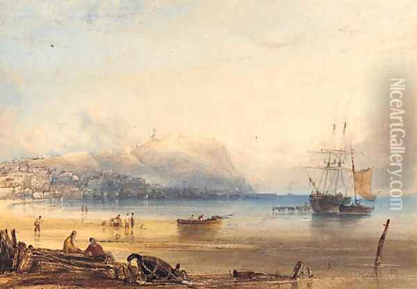 Scarborough, with a boat being vitalled in the harbour Oil Painting - Anthony Vandyke Copley Fielding