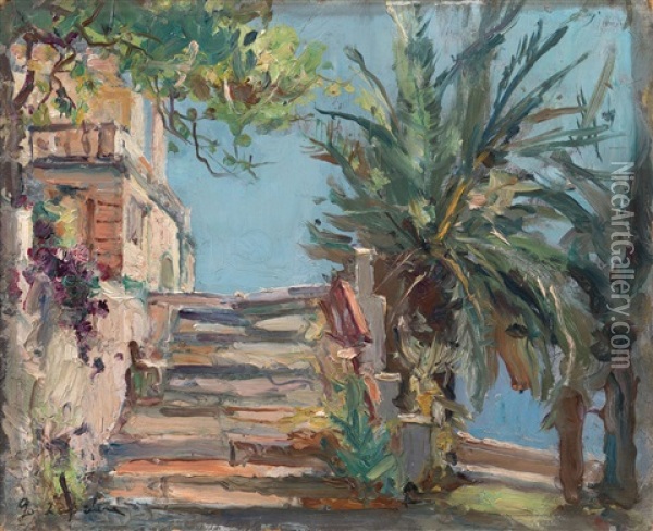 Stairs To A Villa Oil Painting - Georgi Alexandrovich Lapchine