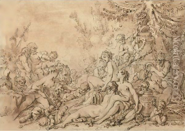 Nymphs, Satyrs, And Putti With Silenus Near An Altar To Pan Oil Painting - Francois Boucher