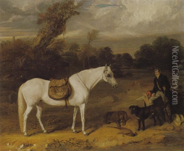 A Sportsman In A Landscape With His Pony And Dogs Oil Painting - William Smith