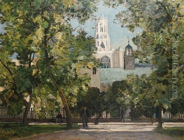 Clifford's Inn (painted From The Garden Of The Inn Showing The Inn Hall And The Church Of St. Dunstan-in-the-west) Oil Painting - Sir Alfred East