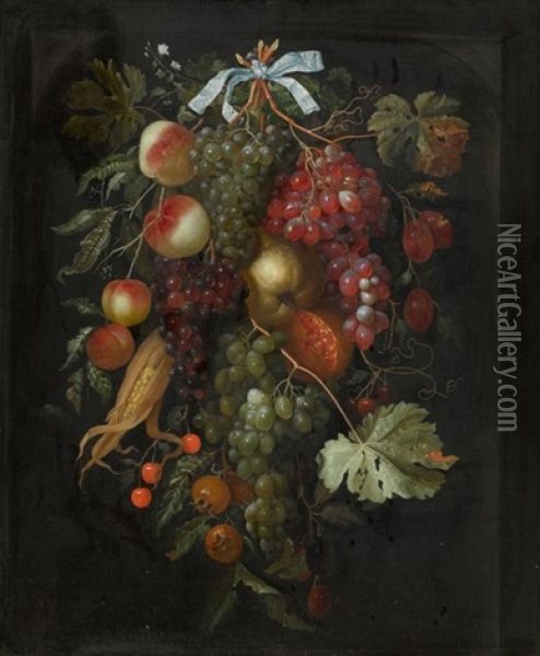 Grosse Fruchtegirlande Mit Trauben, Pfirsichen, Mais Und Kirschen Oil Painting - Jakobus Rootius