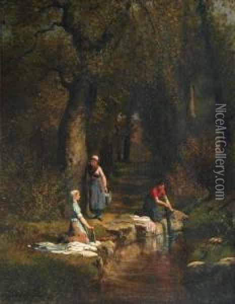 Lavandaie Al Ruscello Nel Bosco Oil Painting - Adolphe Theodore J. Potemont