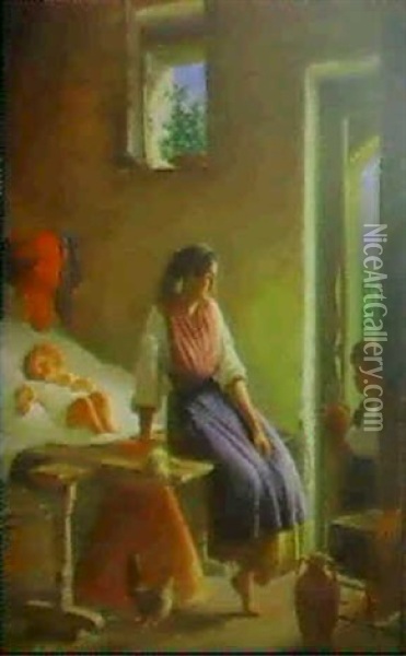 'middagshivile' Interior Med Ung Italiensk Kvinde Med Sine  Born Oil Painting - Wilhelm Nicolai Marstrand