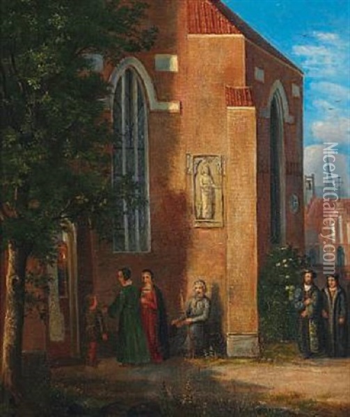 Parti Foran En Kirke; Kirkegaengere I Det Xvi Arhundredes Dragter Oil Painting - Dankvart-Christian-Magnus Dreyer