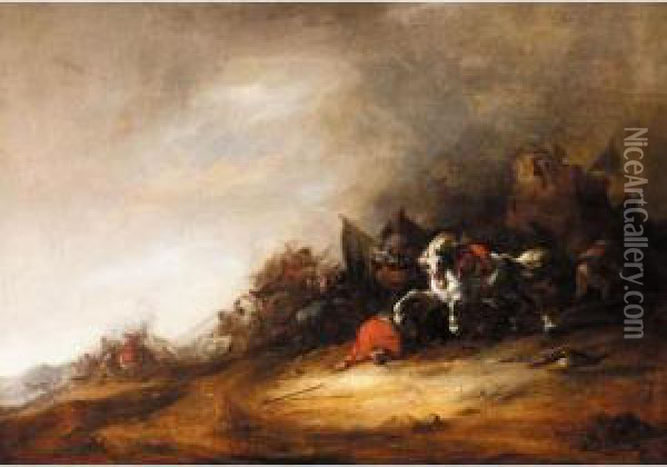 A Cavalry Engagement Before A Ruin Oil Painting - Maerten Stoop