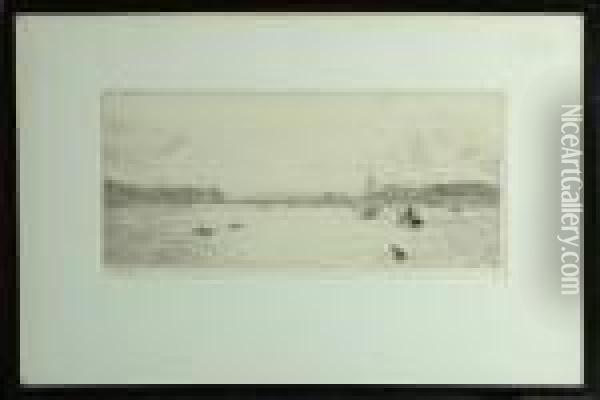 A Rocky Coastline With Yachts And Other Vessels In The Foreground - Drypoint Oil Painting - William Lionel Wyllie