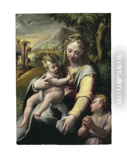 The Madonna And Child With Saint John The Baptist Oil Painting - Girolamo Macchietti