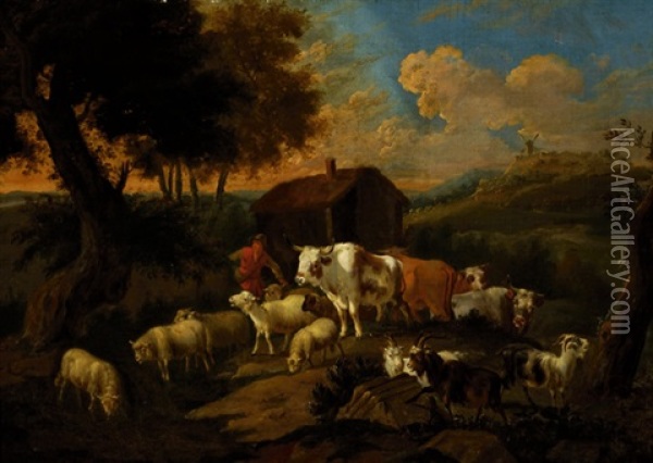 Shepherd With His Flock On A Road In A Wide Landscape Oil Painting - Dirk van Bergen