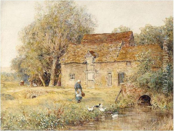 A Woman With Ducks Outside A Cottage Oil Painting - Ernest Albert Waterlow
