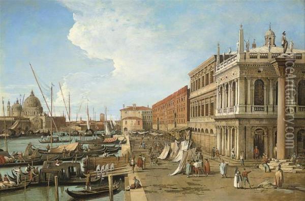 The Palazzo Ducale, Venice, With
 The Riva Degli Schiavone; And Thepiazzetta Di San Marco, Venice, With 
The Libreria, The Entrance Tothe Grand Canal And Santa Maria Della 
Salute Oil Painting - (Giovanni Antonio Canal) Canaletto