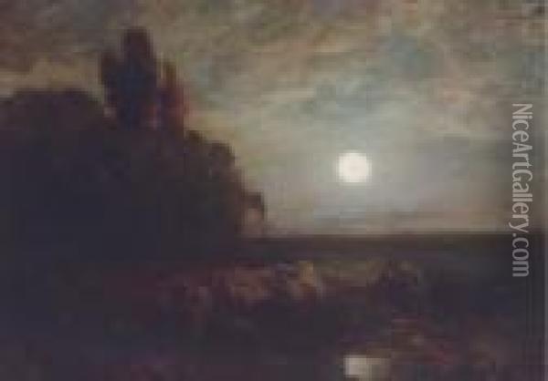 A Shepherd With His Flock Under Moonlight Oil Painting - Charles Emile Jacque