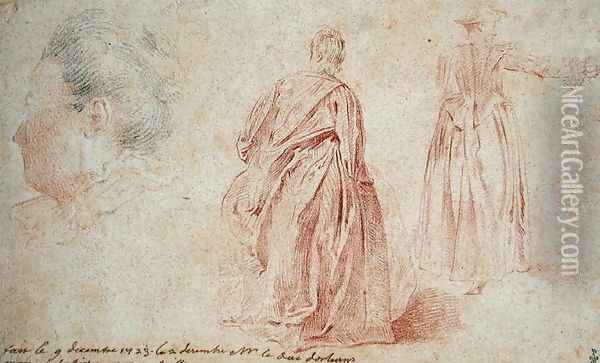 Rear View of Two Women and the Head of a Woman, 1723 Oil Painting - Watteau, Jean Antoine