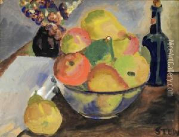 Stilleben Med Fruktskal, Flaska Och Blomstervas Oil Painting - John Sten