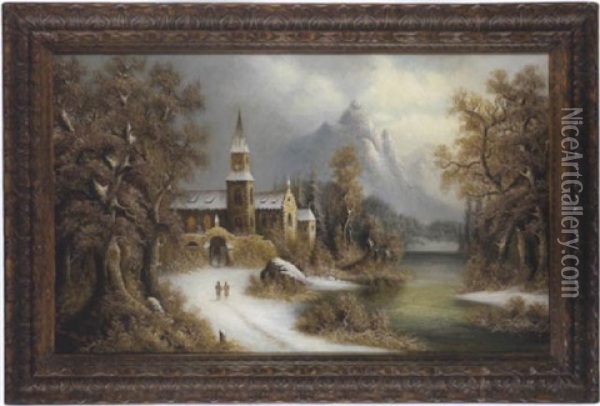 Kirchgang In Weiter Winterlandschaft Oil Painting - Giovanni Alberti