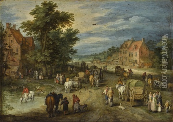 A Wide Village Street In Summer With Carts, Villagers And Gentlefolk Oil Painting - Jan Brueghel the Elder