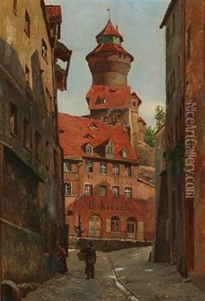 Street View From Rothenburg, Germany Oil Painting - August Fischer