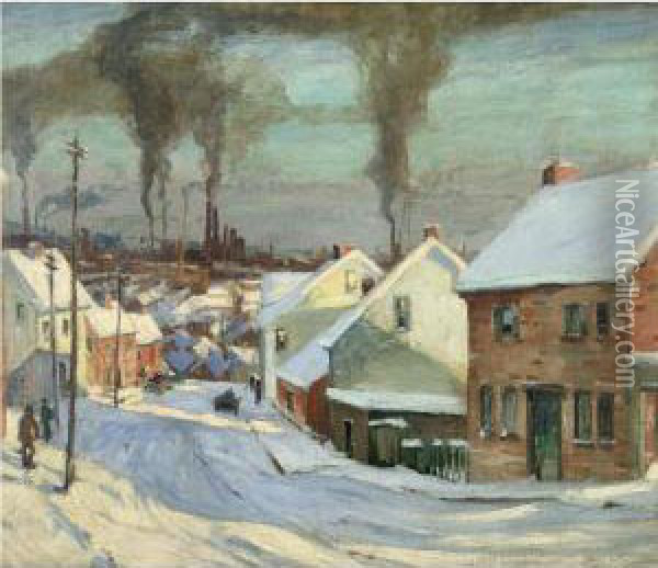 American Factory Town, Winter Oil Painting - Jonas Lie