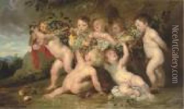 Putti Carrying A Swag Of Fruit In A Landscape Oil Painting - Peter Paul Rubens
