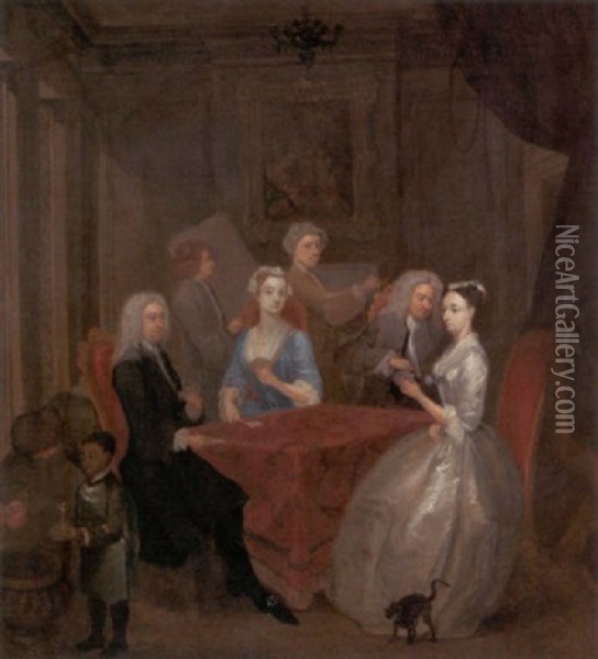 Elegant Figures Playing At A Table In An Interior, With An Artist Behind The Group Oil Painting - Gawen Hamilton