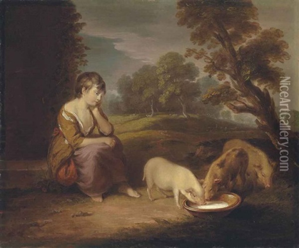 A Girl Feeding Pigs In A Wooded Landscape Oil Painting - Thomas Gainsborough