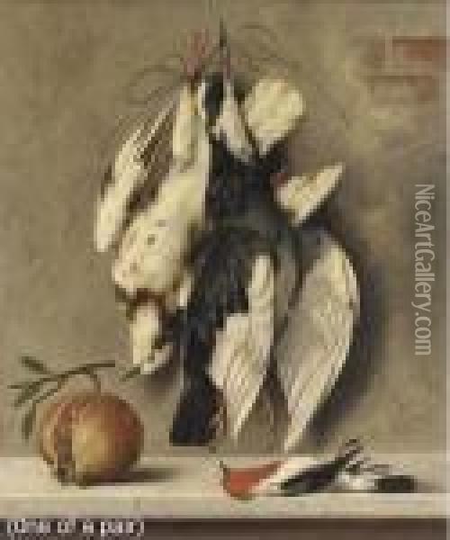 Hanging Fowl With Pomegranate; Hanging Fowl With Cherries Oil Painting - Michaelangelo Meucci