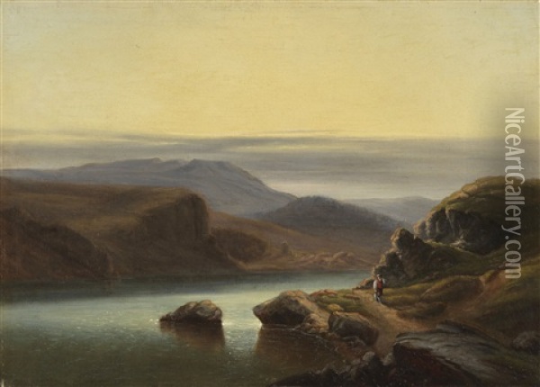Schottische Landschaft Mit Fischer Am Ufer Oil Painting - Carl Robert Kummer