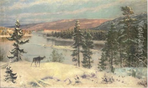 An Elk In A Winter Landscape Oil Painting - Knut Ekwall