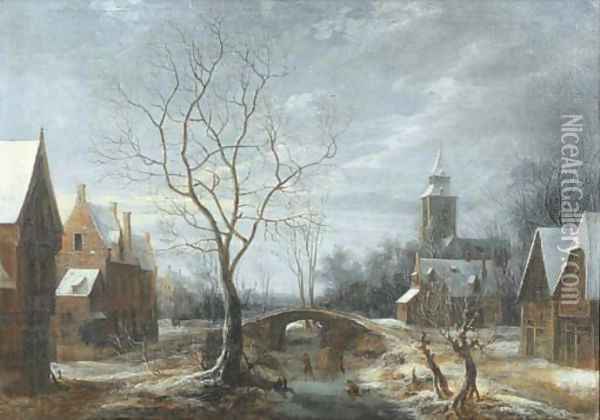 A winter landscape with figures on a frozen waterway in a village Oil Painting - Anthonie Beerstraten